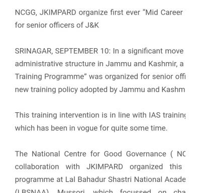NCGG, JKIMPARD organize first ever “Mid Career Training Programme” for senior officers of J&K - Department of Information & Public Relations, Govt. of Jammu & Kashmir