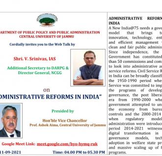 Webinar on "Administrative Reforms in India" organized by Central University of Jammu