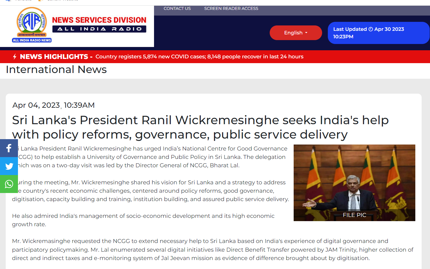 Sri Lanka's President Ranil Wickremesinghe seeks India's help with policy reforms, governance, public service delivery